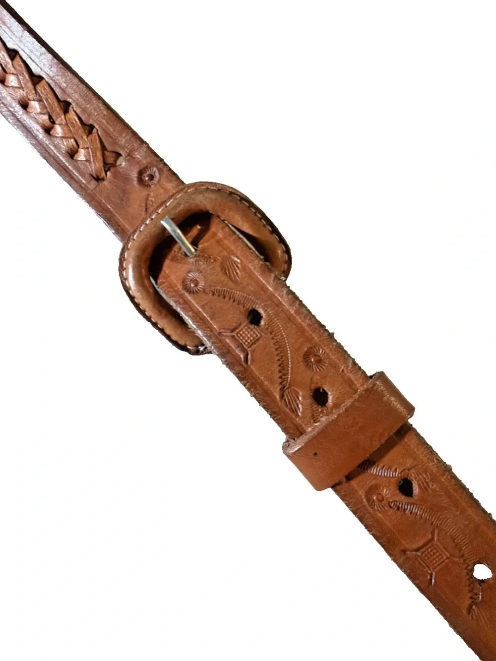 Vintage 1980s Hand-tooled Brown Tan Leather Braided Belt Size 44 Made in Mexico